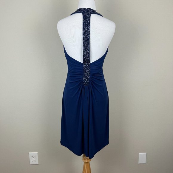 Alex Evenings Dress 4P Navy Blue Pleated Beaded Halter V-Neck Padded Bust Party - Picture 7 of 13